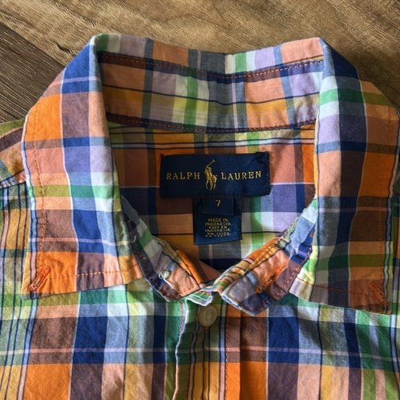 Ralph Lauren boys dress shirt size 7 orange,blue,green,yellow,white stripes - Picture 4 of 12
